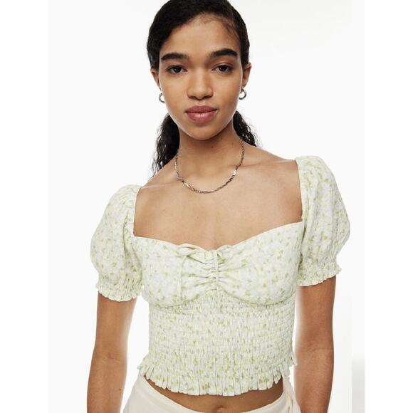 SUNDAY BEST Aritzia Sinatra Smocked Puff-Sleeve Blouse Size Medium Floral Sage - Picture 8 of 8